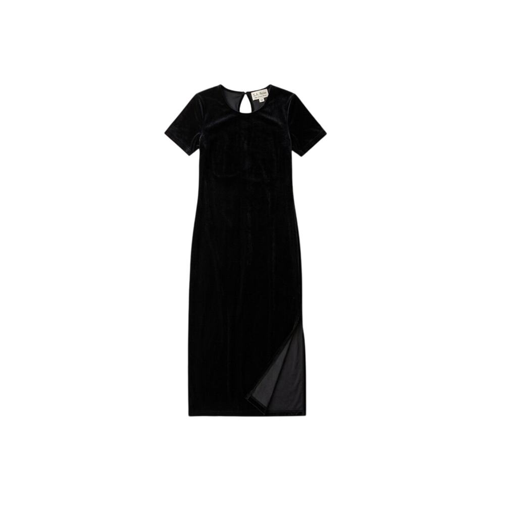 Vintage 90s Black Velvet Maxi Dress S.A. Rose Whimsigoth Vampy Slit XS⁠